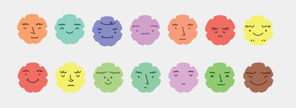 Abstract smile face icons. Cartoon round emoji avatars. Emoticon character set. Funny doodle isolated vector elements. Sad, angry, exhausted, shocked, confused faces.