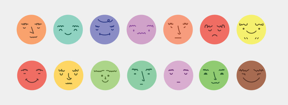Abstract smile face icons. Cartoon round emoji avatars. Emoticon character set. Funny doodle isolated vector elements. Sad, angry, exhausted, shocked, confused faces.