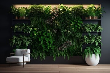 Lounge interior with comfortable armchair. Vertical garden - wall design of green plants. Architecture, decor, eco concept
