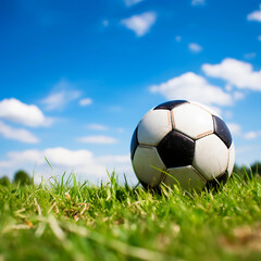 Fototapeta premium In the open blue sky on the green grass lie a soccer ball with which I play fun games in nature