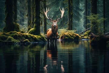 Fototapeta na wymiar Stag close-up in the forest, stag with lake reflection, forest lake and stag, wildlife close-up