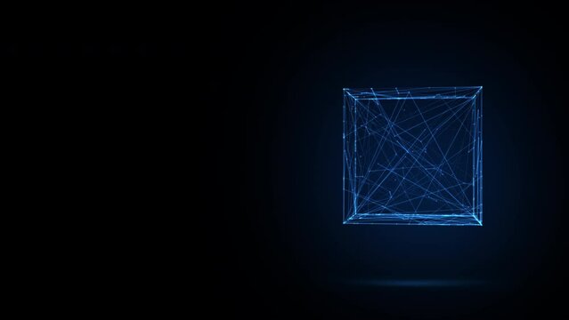 3D animation of future shape a rotating neon blue transparent cube from lines and dots, 4K abstract geometric animated background
