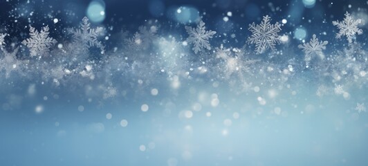 Fototapeta premium Winter weather snow snowy, chrsitmas background banner greeting card - Frame made of frozen ice crystal and snowflakes and with blue sky and sunshine (Generative Ai)