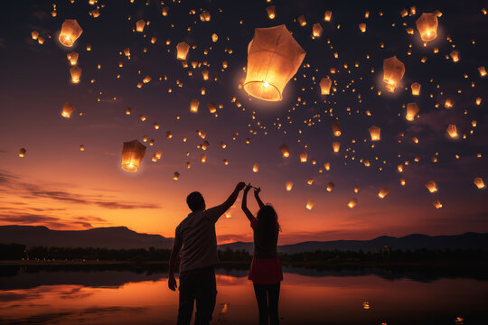 Young Couple Releasing A Sky Lantern Into The Night Sky