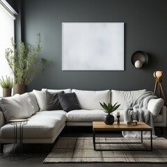 Interior of modern living room and mock up poster. 3d render