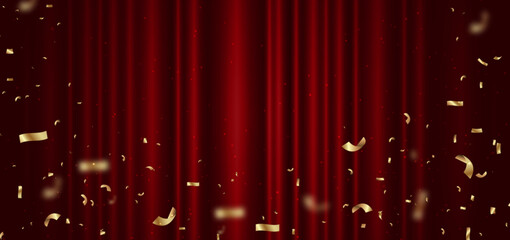 Red curtain background. Golden confetti banner and ribbon on white background. Celebration grand openning party happy concept. - obrazy, fototapety, plakaty
