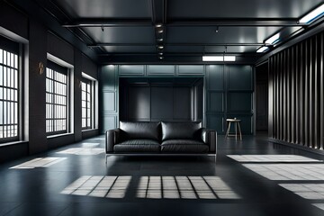 Black metal room interior with industrial style 3d render,There are black floors, Decorate wall with pattern of steel,Furnished with black leather sofa