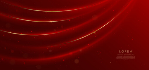 Fototapeta na wymiar Elegant red background with glowing gold curved lines and lighting effect and sparkle with copy space for text. Luxury design style.