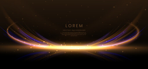 Obraz premium Abstract blue and gold curved light lines on dark brown background with lighting effect sparkle. Luxury template celebration award design.