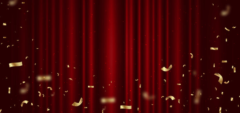 Red curtain background. Golden confetti banner and ribbon on white background. Celebration grand openning party happy concept.