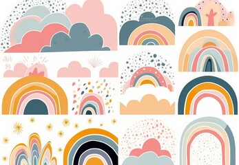 Decorative abstract art collection with modern rainbows. Hand-drawn modern illustration. Baby trendy decorative collection, Generative AI