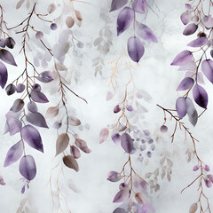 watercolor branches with violet leaves pattern seamless
