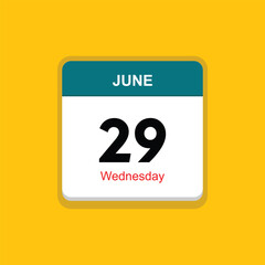 wednesday 29 june icon with yellow background, calender icon