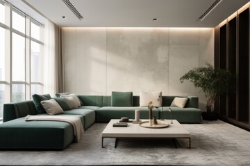 Lounge area with chairs and sofa, couch minimalist style, concept with calm colors and round architecture. 3d render
