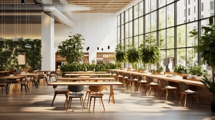 A well-lit, minimalist co-working space with houseplants and long, communal tables. Generative AI