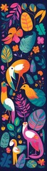  colorful illustration with tropical flowers, leaves, monkey, flamingo and birds. Brazil tropical pattern.  Rio de janeiro pattern, Generative AI