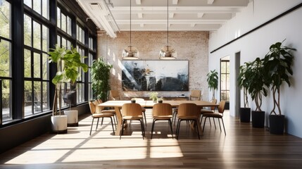 A well-lit, minimalist co-working space with houseplants and long, communal tables. Generative AI