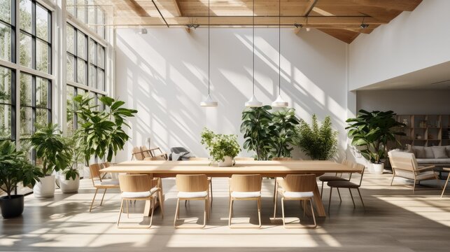 A well-lit, minimalist co-working space with houseplants and long, communal tables. Generative AI