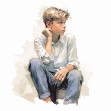 White boy in thinking and doubts pose watercolor illustration. Young male character with dreamy face on abstract background. Ai generated bright drawn poster.