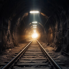 Fototapeta na wymiar A tunnel from which a white light emerges with railroad tracks on which a train travels