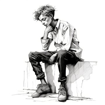 White boy in thinking and doubts pose monochrome illustration. Young male character with dreamy face on abstract background. Ai generated black and white sketch poster.