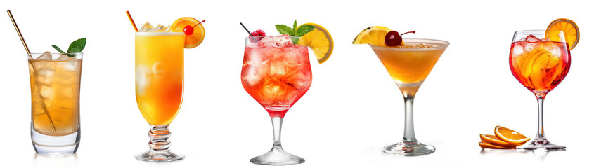 Set with glasses of tasty summer fresh fruit cocktail on transparent background