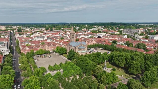 Aerial Drone shot of Catholic Parish Church of St. Peter and Paul ( Katholische Pfarrkirche St. Peter und Paul ) in Potsdam , Germany
