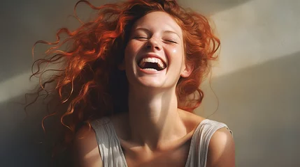 Fotobehang a close-up of a woman laughing with joy © PixelGuru