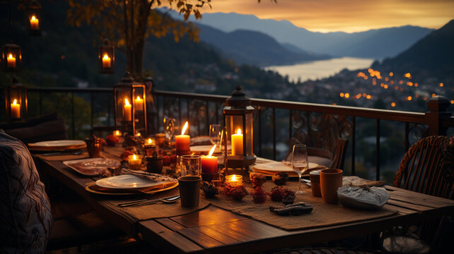 romantic dinner on the evening table.generative ai