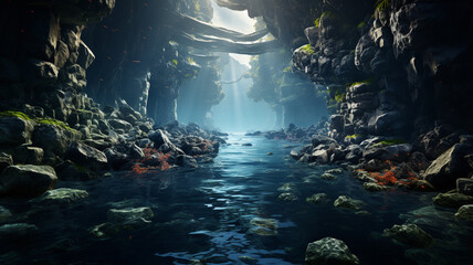 fantasy mountain forest with rocks and waterfall.generative ai