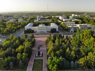 Goverment building Bishkek Kyrgystan. Aerial drone view. Flying over. High quality photo