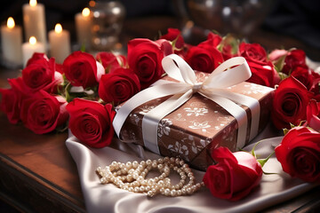 Fototapeta na wymiar Beige gift box with white bow, candles and red roses for Valentine's Day. Generative AI