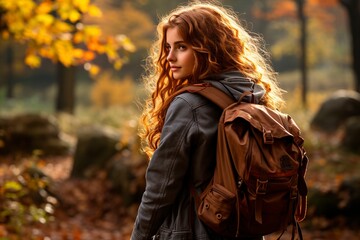 A teenage girl with a backpack goes to school on a beautiful street. Ai generated