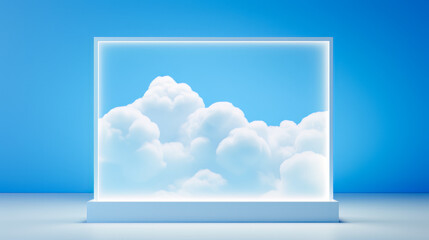 Neon rectangle with a cloud inside, on a blue background. With empty space for product.. AI generation