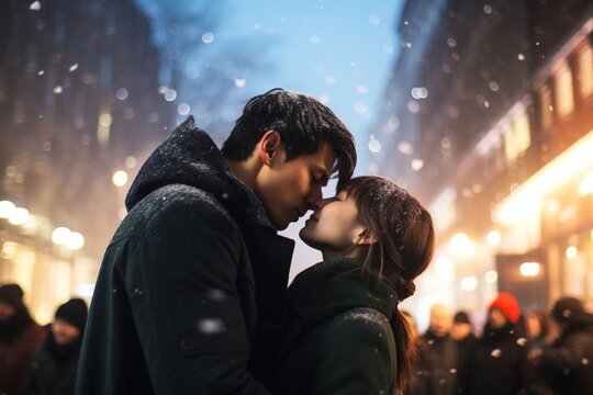 A couple kissing in the crowd on the street. A asian couple. It is winter. The couple is wearing winter clothes.