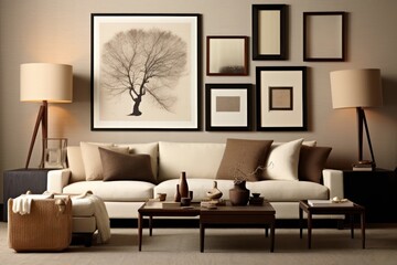 Fototapeta na wymiar Modern, spacious living room highlighted by elegant upholstery and tasteful decor, captured in vivid details.