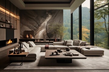 Fototapeta premium Modern, spacious living room highlighted by elegant upholstery and tasteful decor, captured in vivid details.