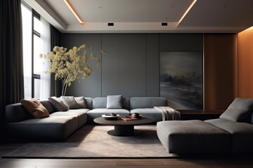 Modern, spacious living room highlighted by elegant upholstery and tasteful decor, captured in vivid details.