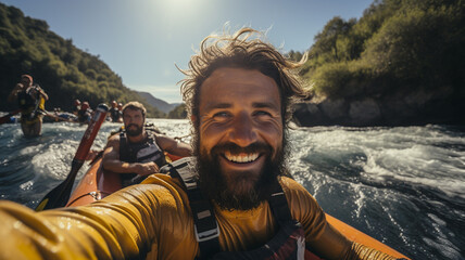 happy smiling man in kayak on lake.generative ai