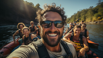 Obraz premium happy smiling man in kayak on lake.generative ai