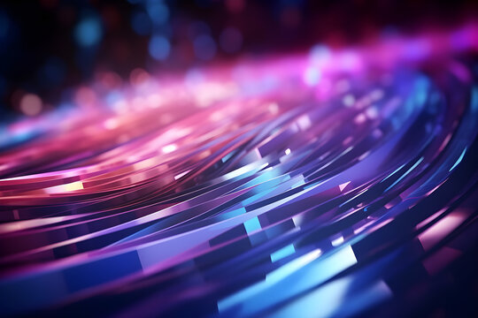 Abstract background with neon lines glowing in ultraviolet light, and bokeh lights. Data transfer concept. Digital futuristic wallpaper. Generative AI.