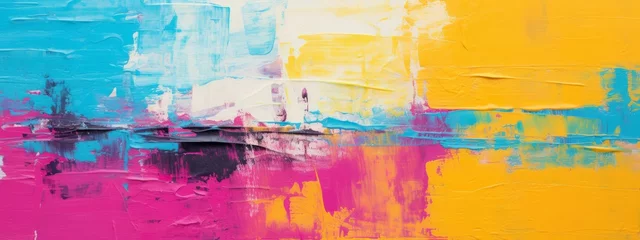 Tuinposter Closeup of abstract rough colorful multicolored neon blue, pink and yellow colored art painting texture, with oil acrylic brushstroke, pallet knife paint on canvas (Generative Ai) © Corri Seizinger