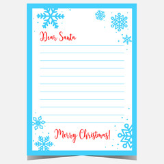 Santa Claus Christmas letter template design with blue snowflakes on white background. Dear Santa festive layout for children to write their wishes to Santa Claus during winter holidays celebration.