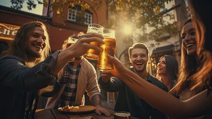 glass of beer in hand, group of happy friends drinking and toasting beer, Generative Ai