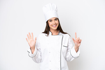 Young Brazilian chef woman isolated on white background counting seven with fingers