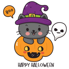cat halloween card with pumpkin and ghost kawaii animal