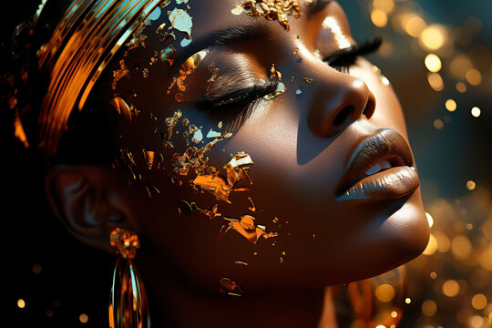 Elevate your visual storytelling with stunning portrait of Afro American girl adorned with golden sequins. Ai generated