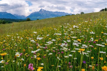 Spring mountain flowering meadow surrounded by hills. Fresh wild flowers, in the background mountains and sky with clouds.  © Ivan