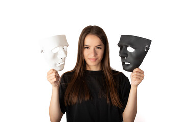 actress chooses theatrical mask, young woman with black and white mask