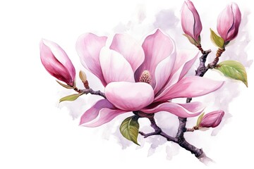 Pink magnolia in a watercolor style on a white background
